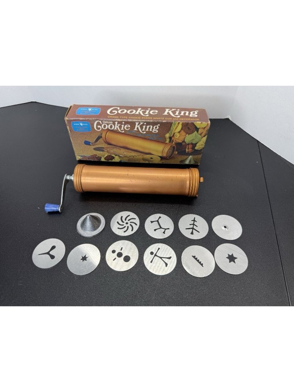 Vintage Nordic Ware Deluxe Cookie King Crank Press Spritz Gun W/ Discs And Box